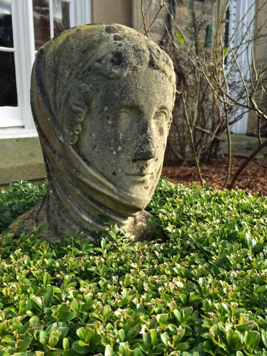 Stone head encased in box topiary