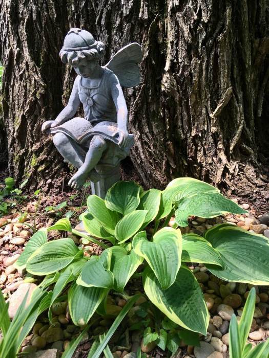 Yard art: fairy reading a book in the shade