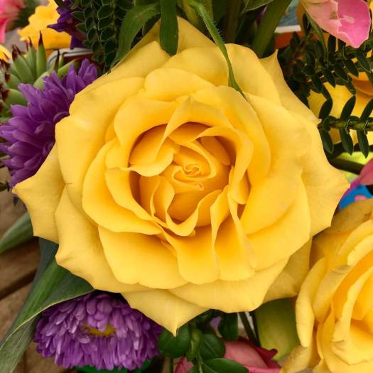 Close up of a double yellow rose in a flower arrangement
